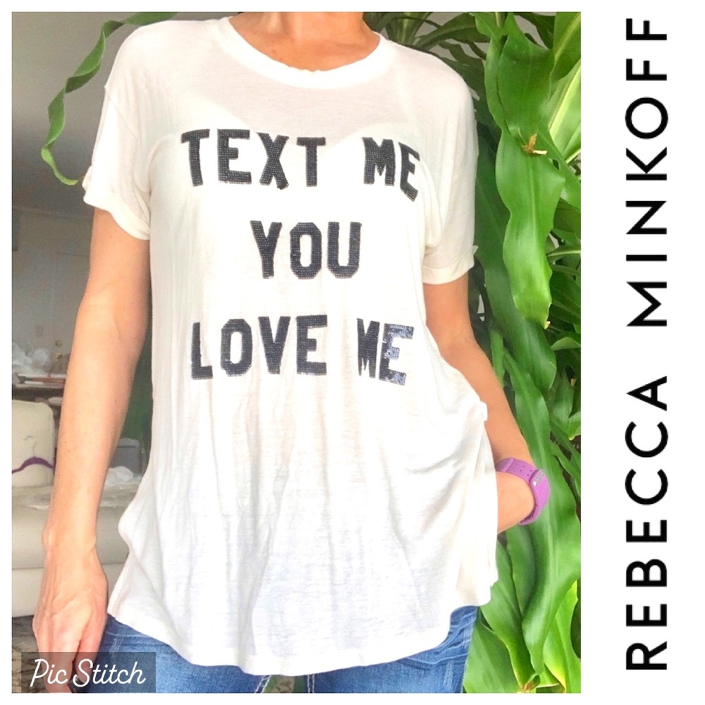NWT REBECCA MINKOFF OUTSTANDING "TEXT ME YOU LOVE ME" OFF WHITE SEQUIN T-SHIRT